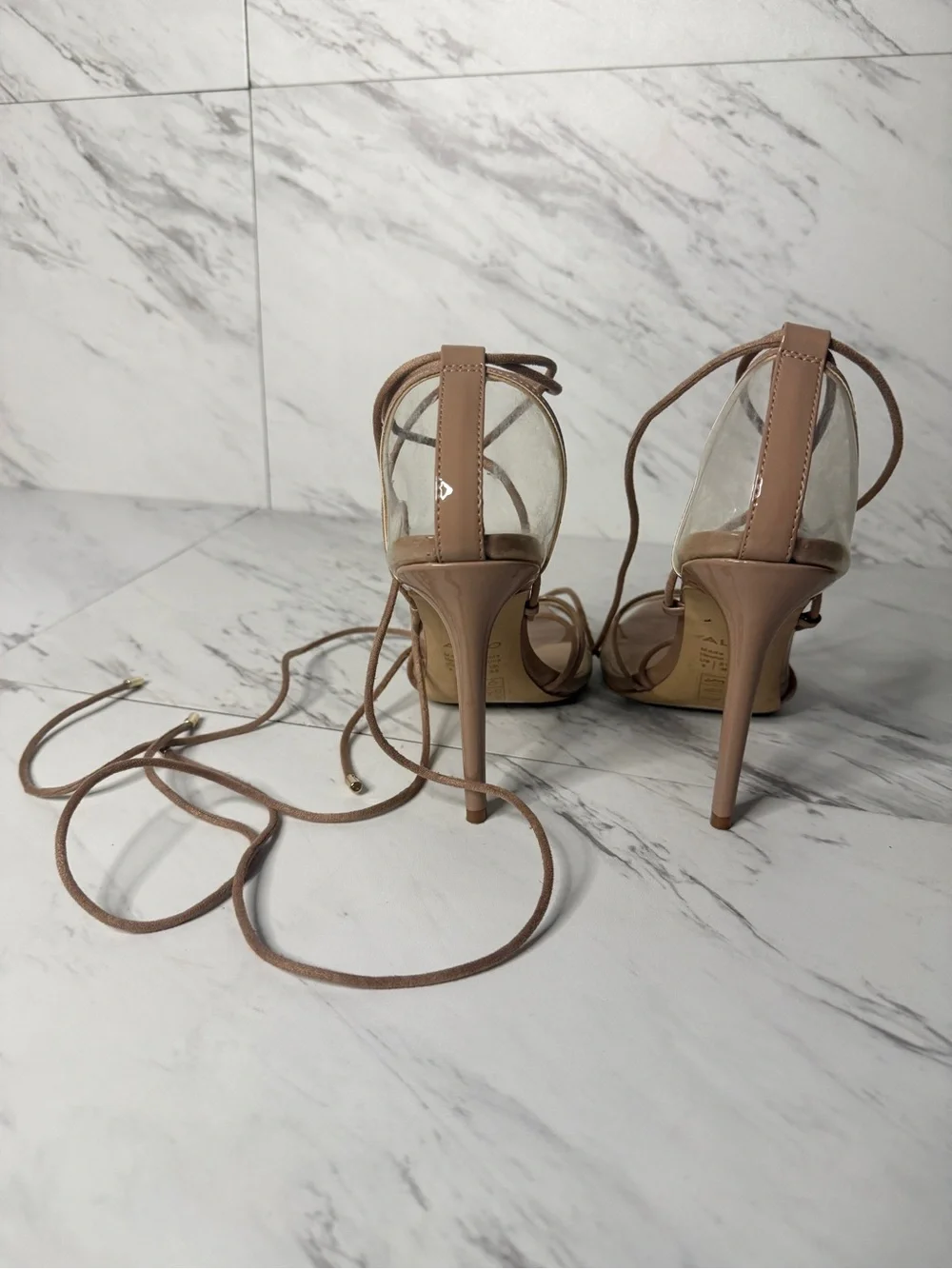 Aldo Amenabar Nude Clear Strappy Lace Up Stiletto Heeled Sandal Size 8